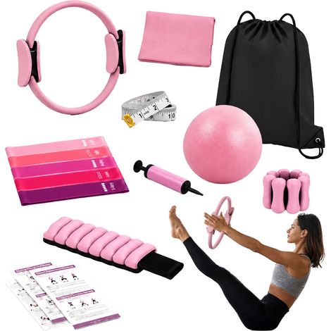 Pilates Set, 13-Piece Kit with Bands and Weights - Pink (1/5)