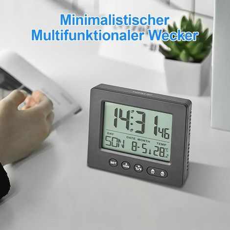 Digitaler Funkwecker mit 2 Weckzeiten, automatischem Timer, Funkuhr, 5-Minuten-Schlummerfunktion und Temperaturanzeige. Benötigt 2 AAA-Batterien (nicht im Lieferumfang enthalten).