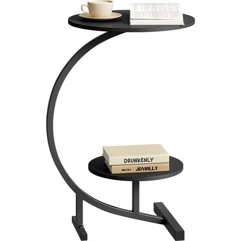 WOLTU Table Basse Ronde avec 2 Plateaux Ronds (Ø40+Ø30cm) xH66 cm, Table d'Appoint en Forme C, Noir (1/4)