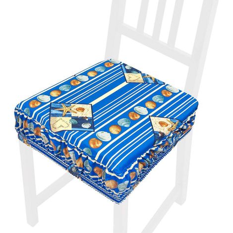 Cuscino Sedia Cotone Sfoderabile Lavabile Fascia Elastica Coprisedia Righe Conchiglie 100% Made In Italy - Blu