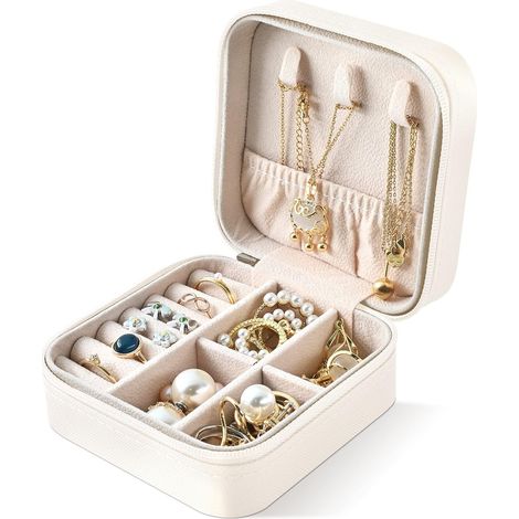 (Blanquecino) Joyero para mujeres, niñas, hombres, niños, joyero de viaje, joyero pequeño, almacenamiento de joyas para collares, pendientes, pulseras, negro