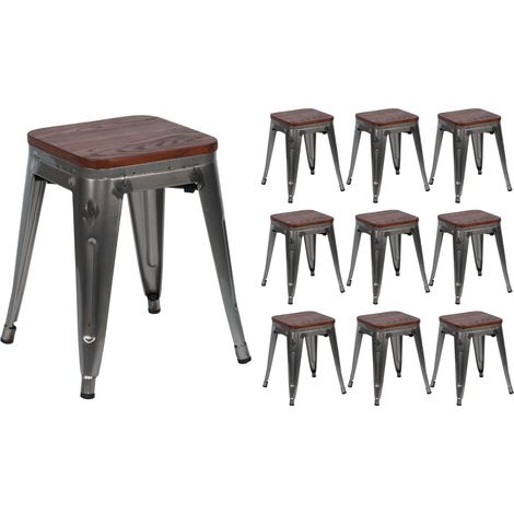Confezione da 10 sgabelli bassi impilabili in stile industriale, realizzati in acciaio e legno, 38x38x46 cm, Thinia Home