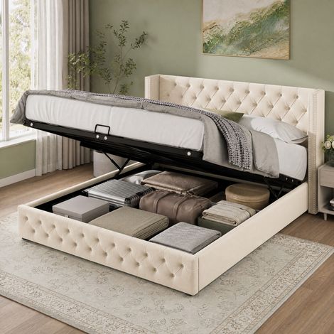 lit coffre 140x200 en velours beige, rangement hydraulique HAVRYA (1/5)
