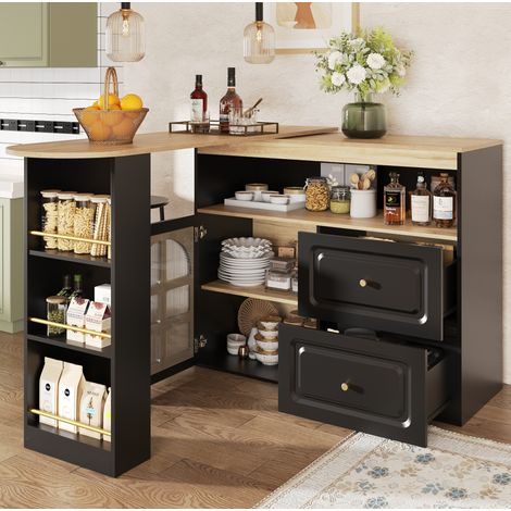 Credenza girevole 138-204 x 39 x 104 cm nera con ante in vetro, 2 cassetti e ripiani laterali (1/5)