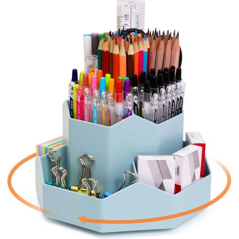 Pot à crayons rotatif, organiseur de bureau à rotation 360°, porte-stylos à 9 compartiments, bleu (1/5)