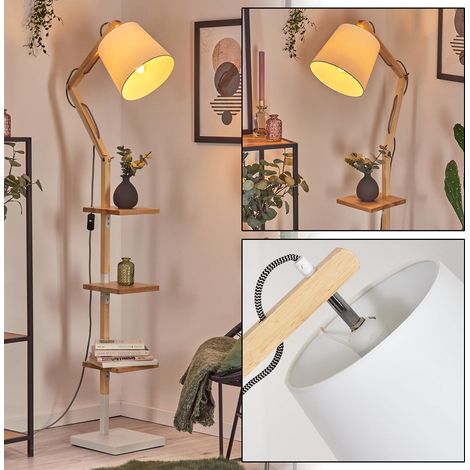 Lampadaire régulier en bois/métal/tissu naturel/blanc - Design bohème avec étagères et interrupteur - 152,5 cm - E27 - Salon, chambre à coucher, salle à manger (1/5)