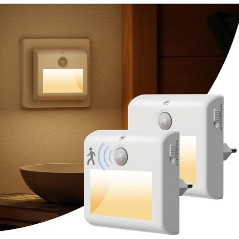 [Lot de 2] Veilleuses de Prise avec Détecteur de Mouvement, Lumière Blanc Chaud Bébé Lampe, 3 Modes (ON/Auto/OFF), Gradation, pour Enfants Chambre, Couloir, Escalier, Cuisine, Salle de Bain (1/5)
