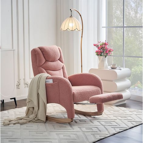 Fauteuil à bascule 96x66x99 cm rose, repose-pieds pliable, tissu peluche, MEUBLIV (1/5)
