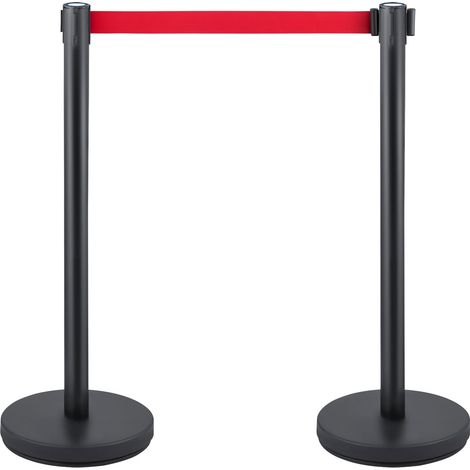 Barrière de foule avec 6 poteaux télescopiques à ruban rouge rétractable (2 m), base en caoutchouc noir, assemblage facile pour contrôle de file d'attente. (1/5)