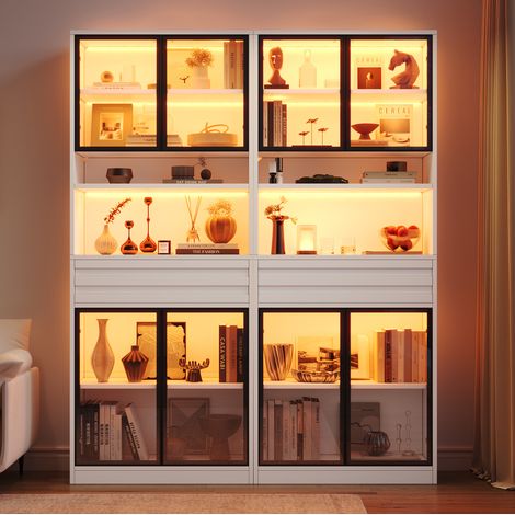 Vitrina alta con LED, 160x35x200 cm, 8 puertas de vidrio, 1 cajón, MDF, blanca (1/5)