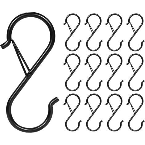 PA 12 Stück kleine S-Haken, robuste Metallhaken mit Sicherheitsschnalle für Büro, Küche, Badezimmer, Garten, Kleiderschrank (schwarz) (1/4)