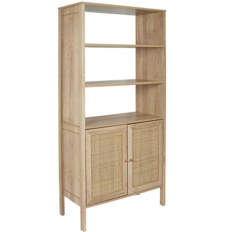 The Home Deco Factory – Buffet en bois et rotin Bali – 3 étagères – Placard 2 portes – Dimensions 80x37x163 cm – Panneaux de particules et eucalyptus (1/7)