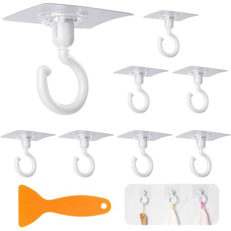 Lot de 8 crochets de plafond autocollants - Pivotants à 360° - Étanche - Avec grattoir - Sans perçage - Pour salle de bain, cuisine, bureau (1/5)