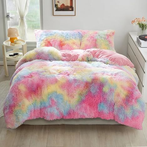 Housse de Couette Flanelle 220x240 Hiver Chaude Arc-en-Ciel Couleur Peluche Poil Long Parure de Lit Polaire Doux Duveteux Linge de Lit avec Fermeture Éclair et 2 Taies d'oreiller 65x65 cm (1/5)