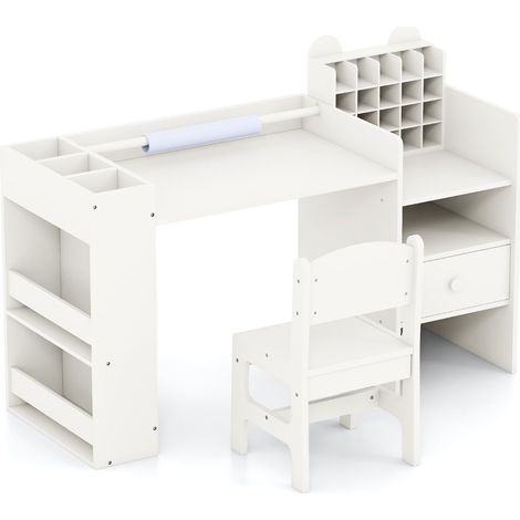 Escritorio y silla de arte para niños con portarrollos de papel, color blanco (1/5)