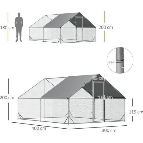 XXL poulailler métal 3x4x2m avec enclos ombrage serrure, habitat extérieur pour 8 à 12 poules canards lapins robuste et sécurisé (1/5)