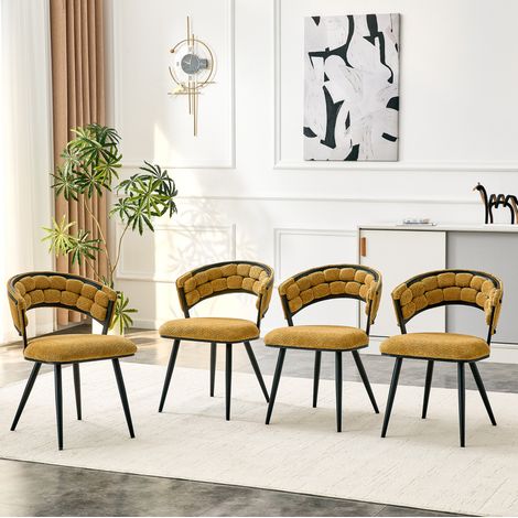 Juego de 2 sillas de comedor, respaldo envolvente ergonómico, patas de metal negro, terciopelo amarillo (1/5)