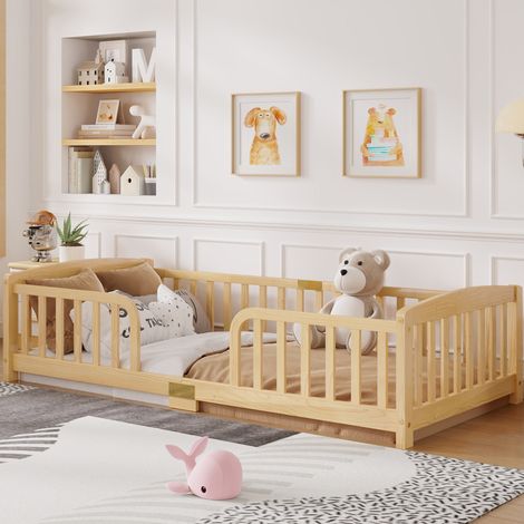 Lit 90x200 cm naturel – avec barrières de sécurité et accès central, sans matelas (1/5)