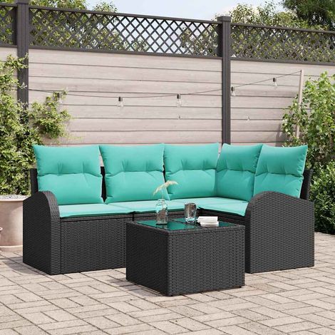 Ensemble salon de jardin 5 pièces en polyrotin modulable noir et turquoise avec table - PANGIVO (1/5)