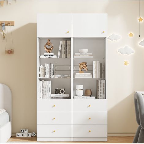 Juego de 2 vitrinas 100x40x180 cm blanco en MDF y vidrio con baldas ajustables, puerta y 3 cajones (1/4)