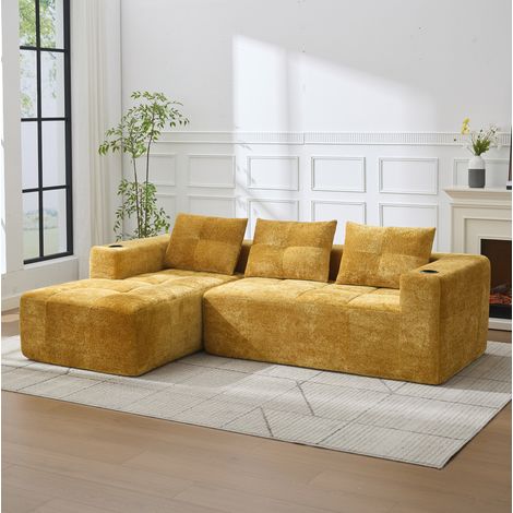 Sofá esquinero 258x145x85 cm amarillo en chenilla tapizada con portavasos y 3 cojines (1/5)
