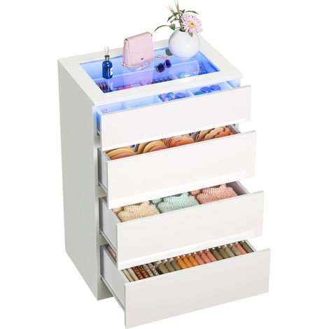 WILITTO Meuble à quatre tiroirs laqué brillant, MDF, Plateau de table en verre avec éclairage LED, 20 couleurs de lumière réglables, 60 x 40 x 90 cm, Design élégant et moderne, Blanc (1/5)