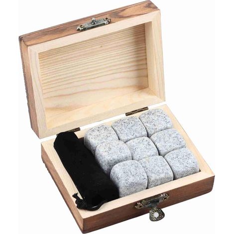 Pierres à Whisky Réutilisables 9 pièces Whiskey Rocks en Granit Glaçons Pierres Whisky Ensemble de Cadeaux Pierres avec Coffret en Bois et Sac en Velours (1/5)
