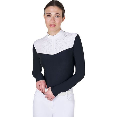 XL, Nero: Polo equitazione donna slim fit in tessuto tecnico con zip frontale e strass