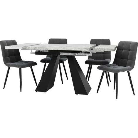 Set tavolo da pranzo allungabile 5 pezzi in MDF effetto marmo grigio con 4 sedie in velluto (1/5)