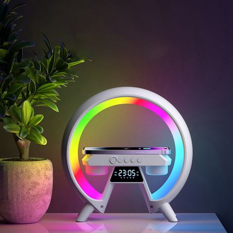 Lampe De Chevet Avec Chargeur Sans Fil - Horloge Réveil Bluetooth Haut-Parleur Et Éclairage Ambiant - Blanc - 1 Pièce (1/5)