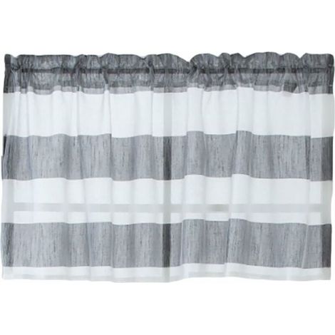 1 Panneau Rayé Poche Tringle Demi-Rideau Salle De Bain Court Niveaux Cantonnière - Gris 74x60cm (1/4)
