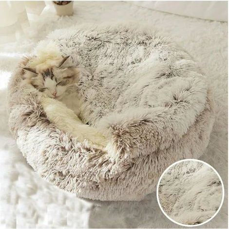 Langer warmer Plüsch-Hundebett für Tiere, runde umschlossene Kuschelmatte für Katzen, 50 x 50 cm Tasche Kaffee Langer Plüsch KORB