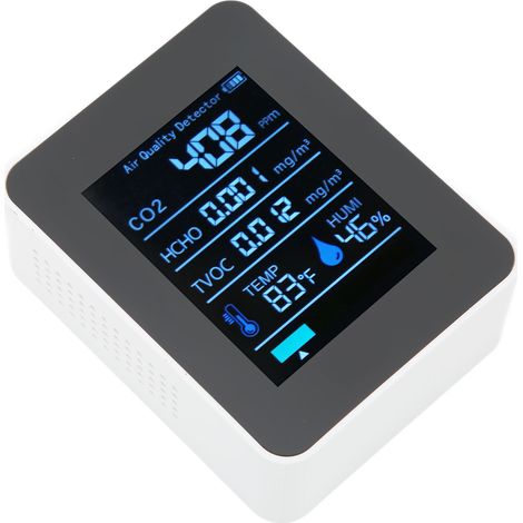 Détecteur de qualité de l'air 5 en 1 avec mesure en temps réel du CO2, des COVT, du HCHO, de la température et de l'humidité, compteur de dioxyde de carbone portable, blanc (1/5)