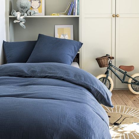 Housse de couette en gaze de coton, Tendresse Bleu de Chine (1/3)