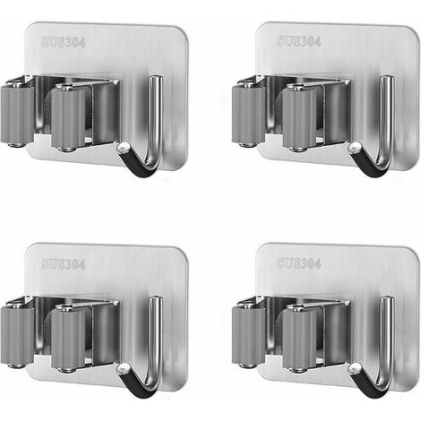 Stainless Steel Adhesive Wall-Mounted Broom Holder with Hooks for Kitchen, Garden, Balcony, Garage, Grey, 4 Pieces (1/5)
