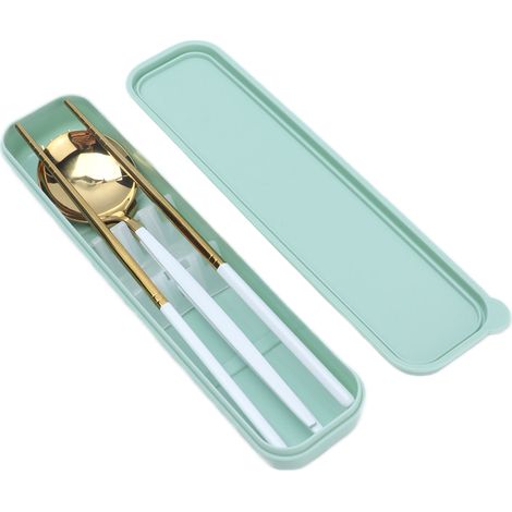 Ensemble de couverts portables en acier inoxydable, résistant à la corrosion, antidérapant et inaltérable, baguettes et cuillère pour le bureau et l'extérieur, blanc et or. (1/5)