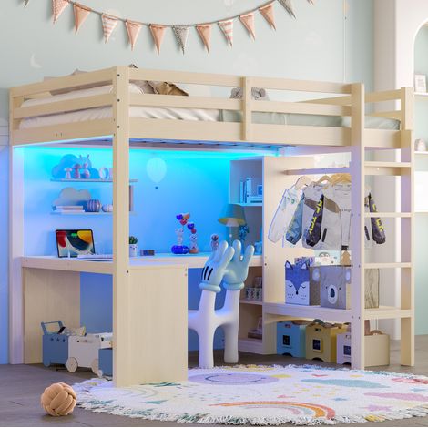 DESVIAE Lit mezzanine 140 x 200 cm avec bureau intégré étagères multifonctions LED USB penderie ouverte coloris naturel (1/5)