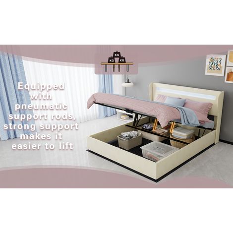 Cama doble LED 160x200 cm de tela y metal beige con arcón y colchón – MEUBLIV (1/5)
