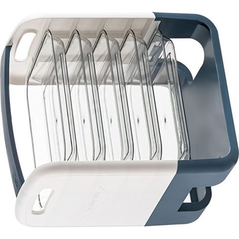 Étagère de préparation des plats à quatre niveaux avec tiroir intégré, en plastique bleu. Étagère de rangement pour la cuisine, idéale pour la préparation des légumes. (1/5)
