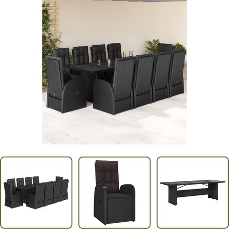 Gartentisch - 11-tlg. Garten-Essgruppe mit Kissen Schwarz Poly Rattan (1/5)