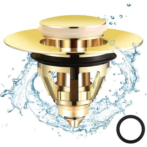 Bouchon de lavabo escamotable avec filtre anti-obstruction, bouchon de vidange universel, bonde de lavabo à poser, bonde de baignoire (doré, 34-38 mm) (1/5)