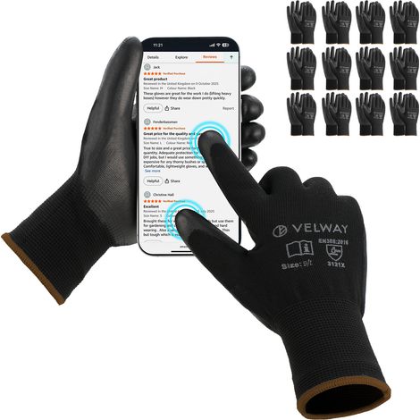 Velway Gants Travail 12 Paires - Revêtement PU Antidérapant Jardinage Bricolage - Taille 9/L (1/5)