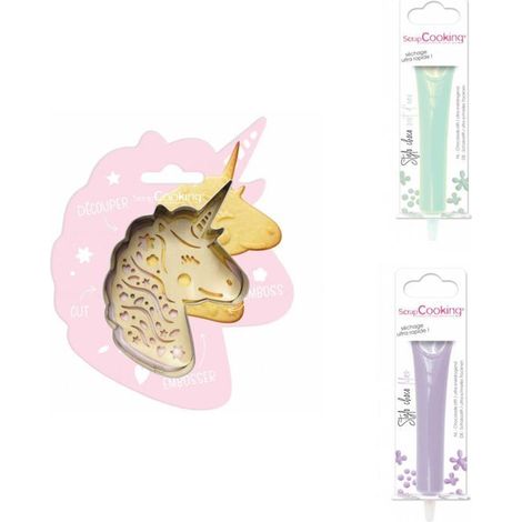 Kit pour biscuit en relief Licorne + 2 Stylos au chocolat vert d'eau et lilas