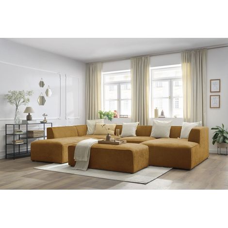 BOBOCHIC - Canapé panoramique fixe MEGEVE avec pouf tissu texturé Angle gauche Jaune (1/5)