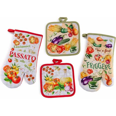 Guanti e presine da cucina a set con stampa ortaggi, set da 4 pezzi, Guanto: cm 17 x 30 H