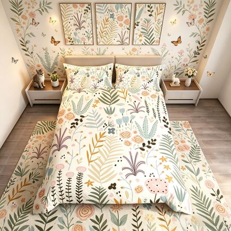 Parure de lit légère avec housse de couette pour lit simple Motif fleurs et feuilles botaniques Rose/vert (1/5)
