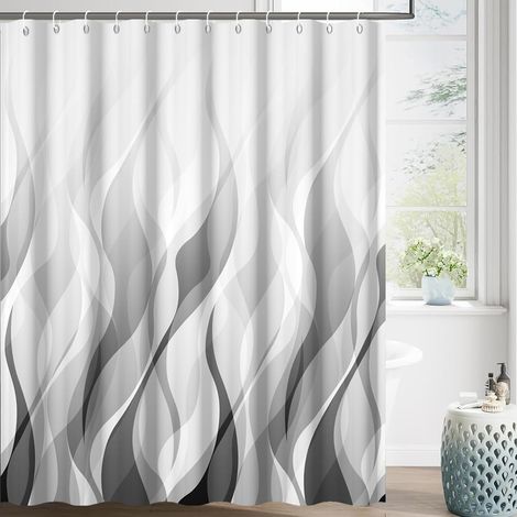 Rideau de Douche en Tissu Gris 280 x 200 cm, Motif Abstrait Moderne à Lignes ondulées Noir et Blanc, imperméable, avec Crochets (1/5)