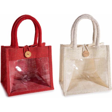 Borsette in juta colorata con lurex oro, finestra trasparente, manici e bottone, set da 4 pezzi, cm21x15,5x20H (con manici34)