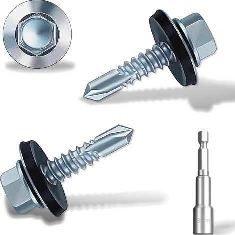 Lot de 110 vis autoforeuses pour toiture de 4,8 x 19 mm, vis autotaraudeuses à tête hexagonale avec rondelle d'étanchéité en caoutchouc. Avec douille hexagonale, plaque de zinc. (1/5)