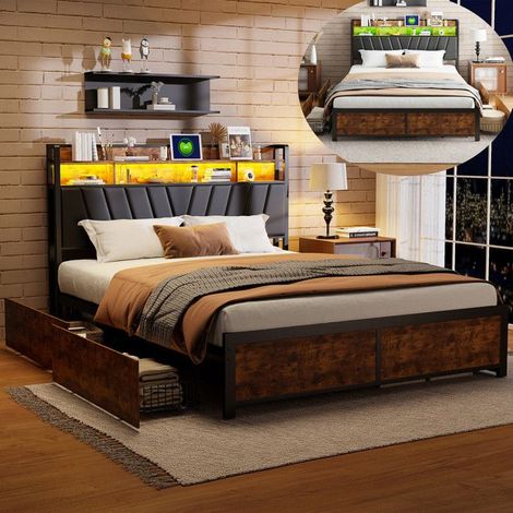 Doppelbett 180x200 cm aus Metall - Schwarz - 4 Schubladen - LED - Modernes Industriedesign